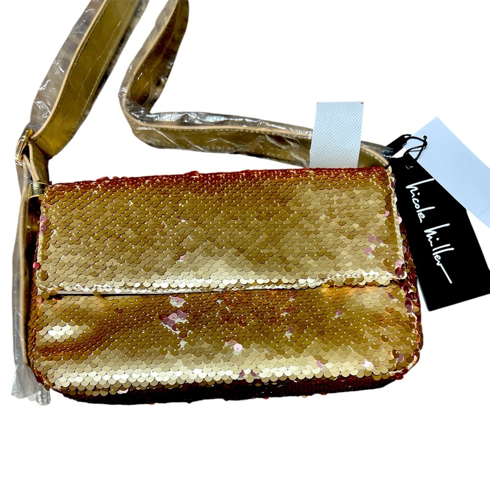 Nicole Miller Gold Sequin Shoulder Bag Small Party Cocktail Glamour Purse